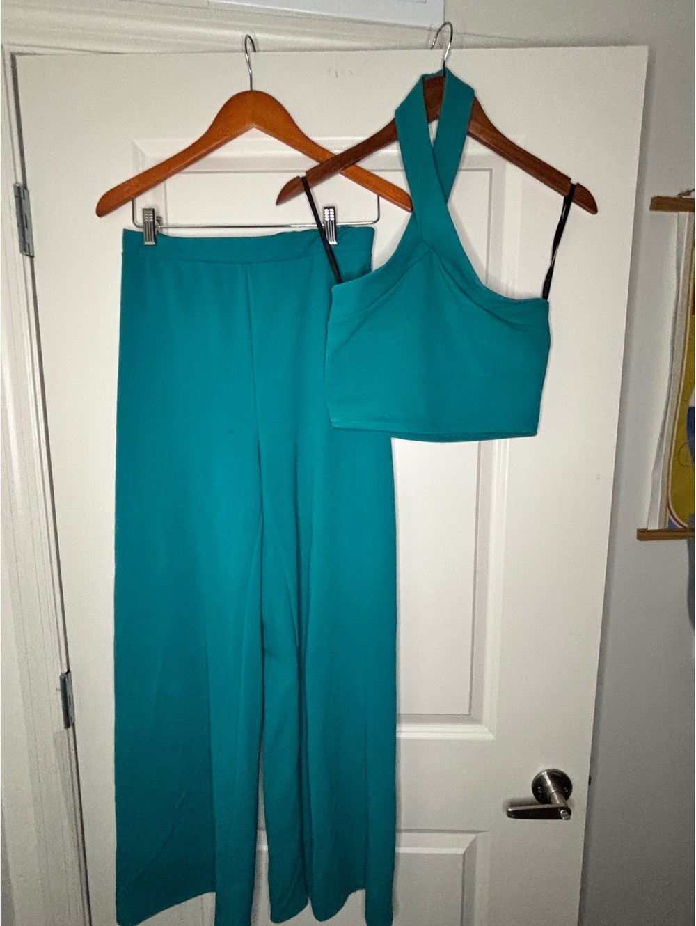 Teal One Shoulder Crop Top and Wide Leg Pants Set